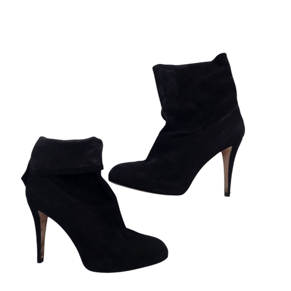 Brian Atwood booties black suede stiletto heel fold over almond toe size 38.5 - Picture 1 of 12